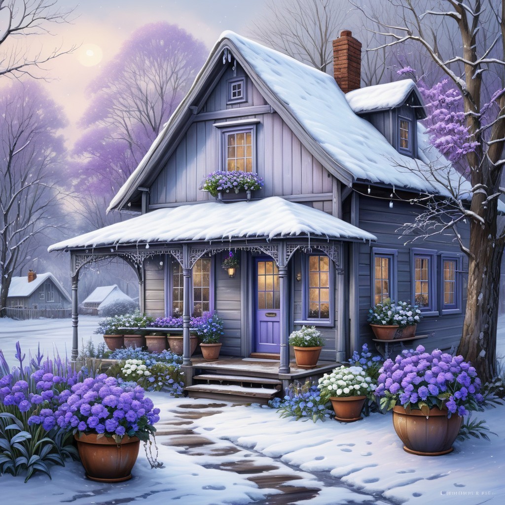 Cozy Winter Scene with Quaint House and Snow Covering