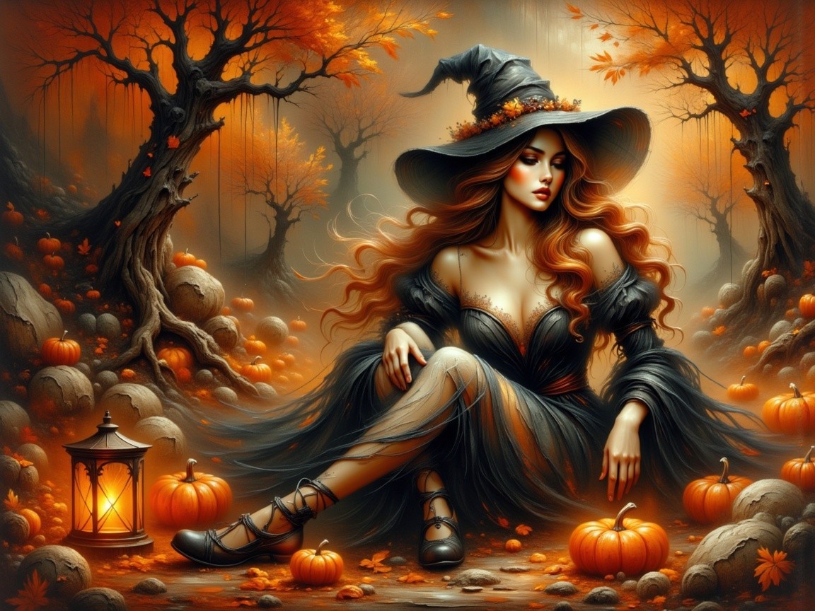 Witch in Elegant Gown Amidst Autumn Landscape and Pumpkins