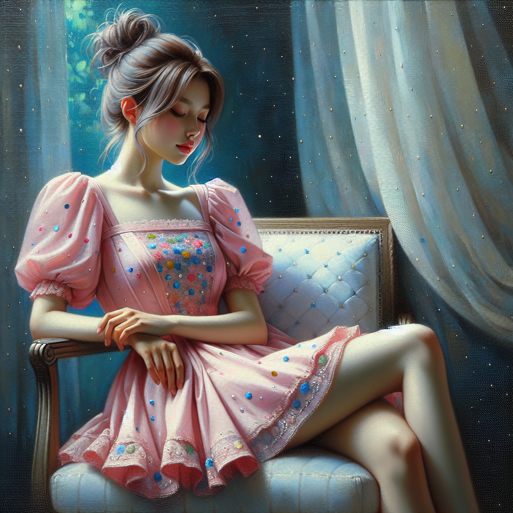 Young woman in pink dress on vintage chair with soft light