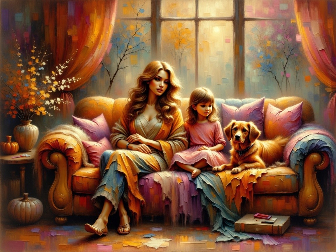 Cozy Living Room with Woman, Girl, and Dog