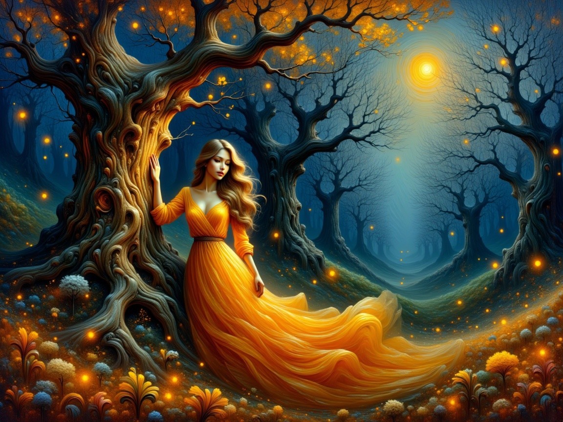 Woman in Orange Gown in Mystical Autumn Forest