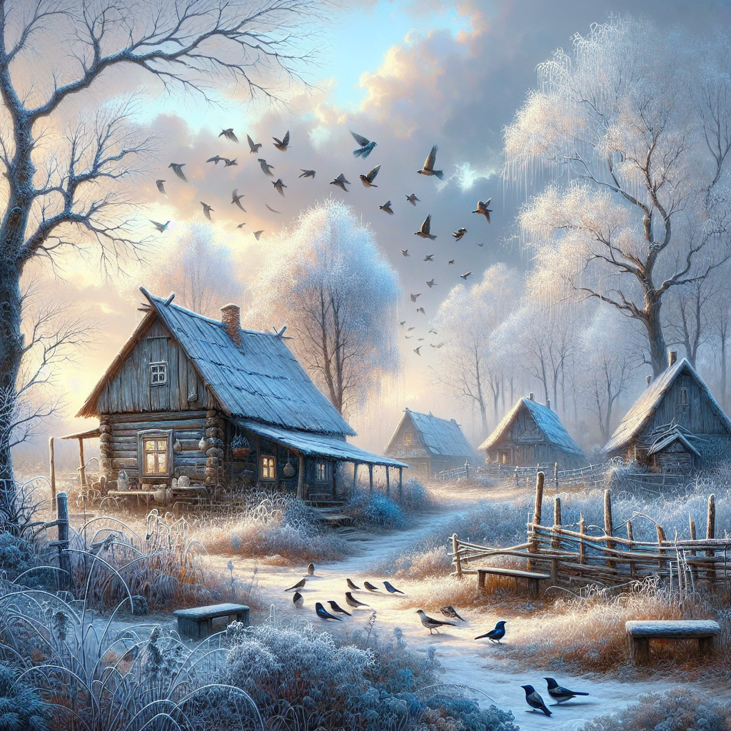 Winter Scene with Cottages and Frosty Landscape
