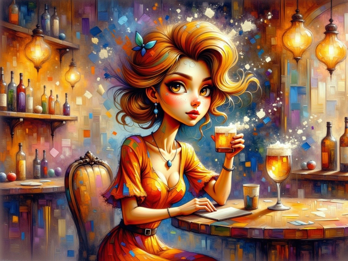 Stylish Young Woman at Vibrant Bar with Wavy Hair