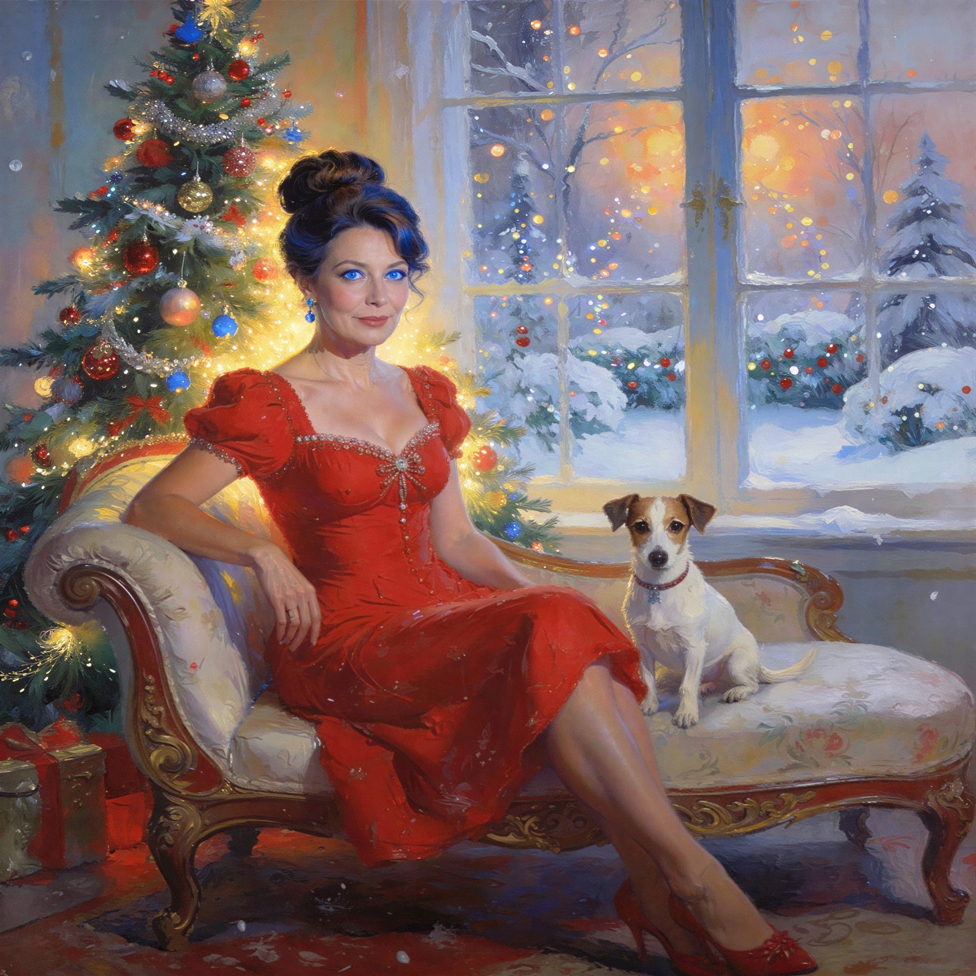 Elegant Woman in Red Gown by Christmas Tree