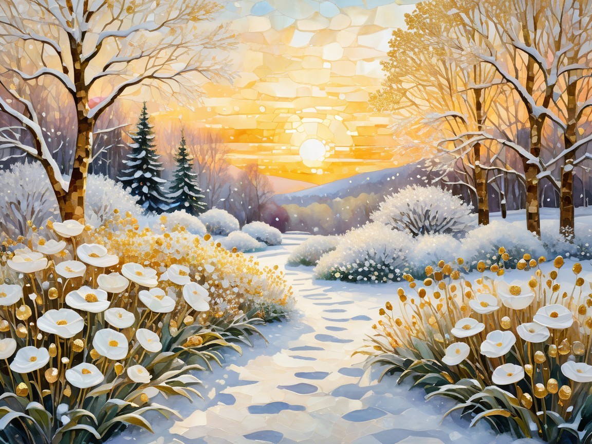 Serene winter landscape with snow-covered path and flowers
