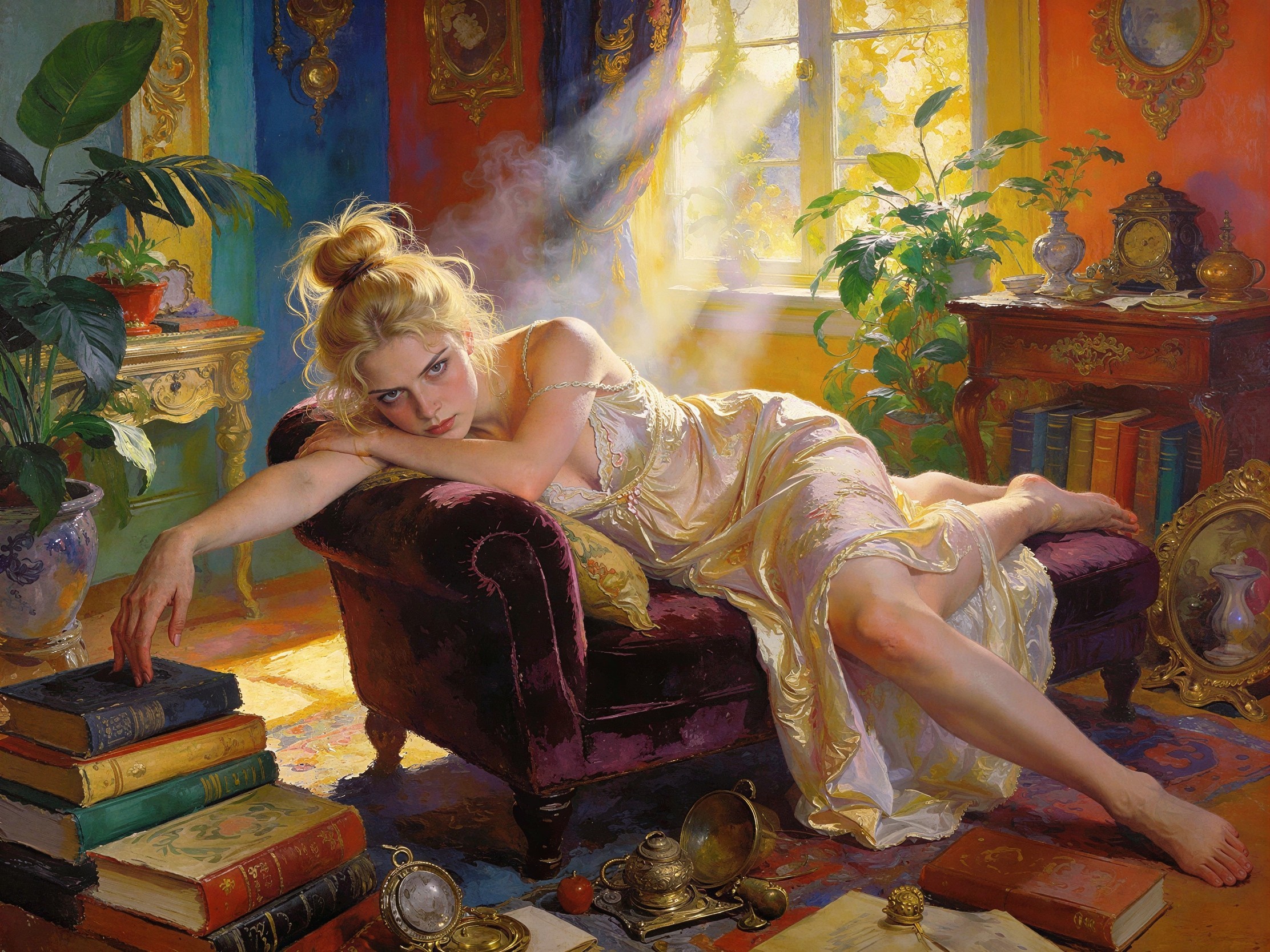 Elegant Woman on Purple Chaise Lounge in Antique Room