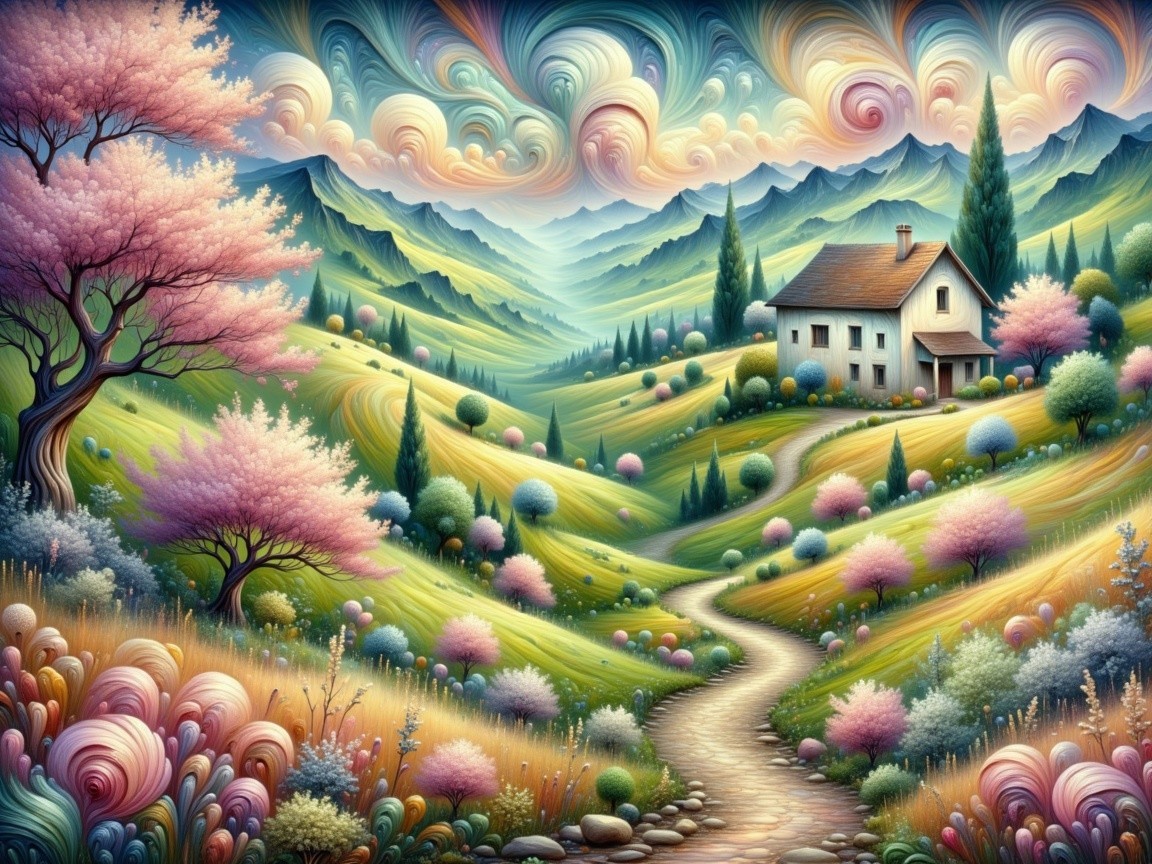 Vibrant countryside landscape with rolling hills and trees