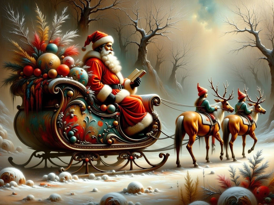 Santa Claus in a decorated sleigh reading a book
