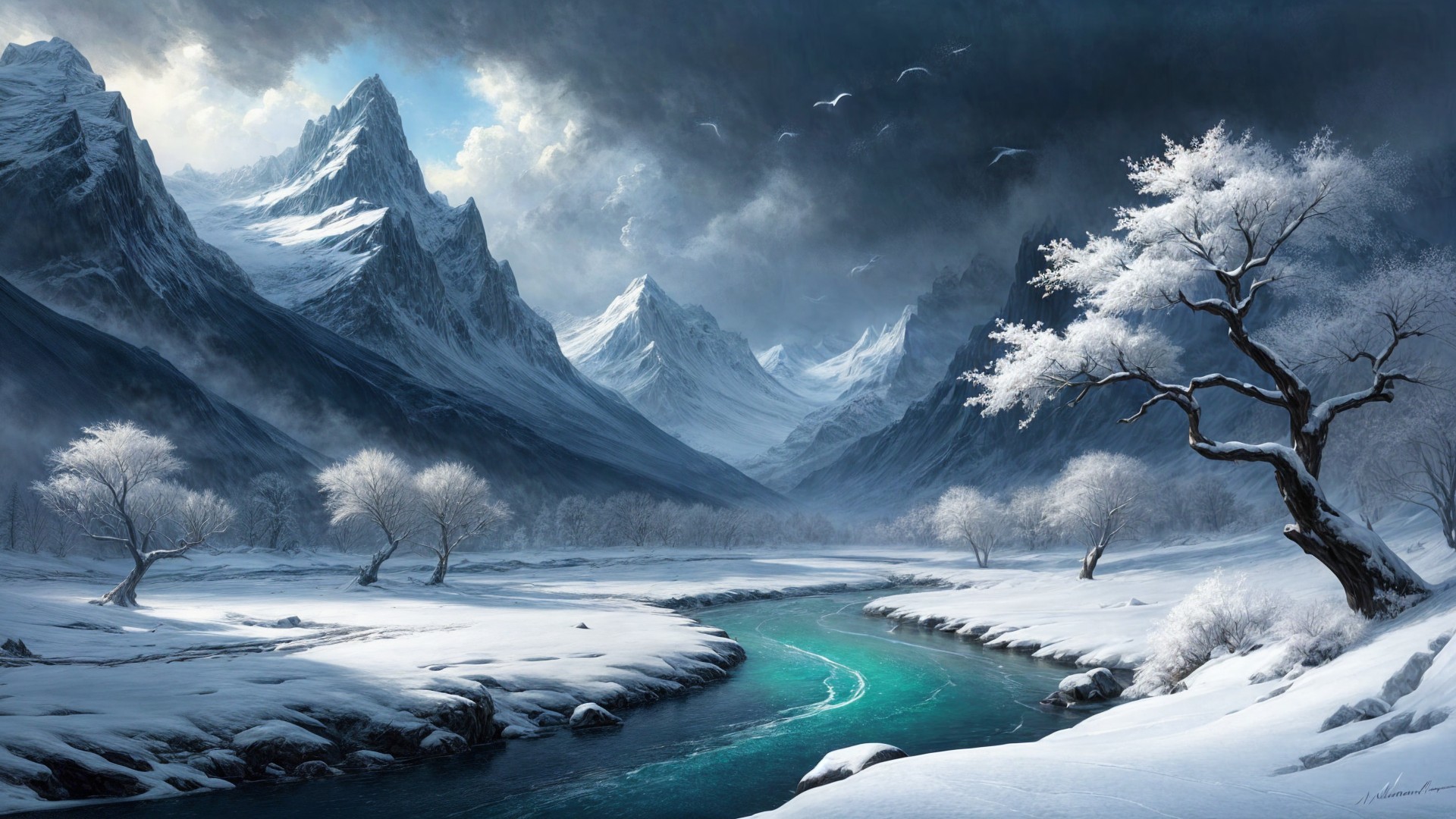 Winter Landscape with Snow-Capped Mountains and River