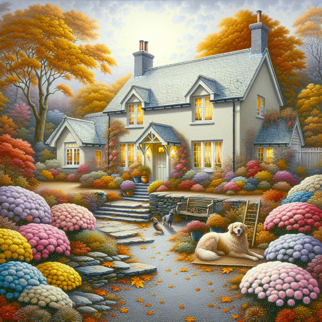Charming Cottage Surrounded by Autumn Foliage and Garden