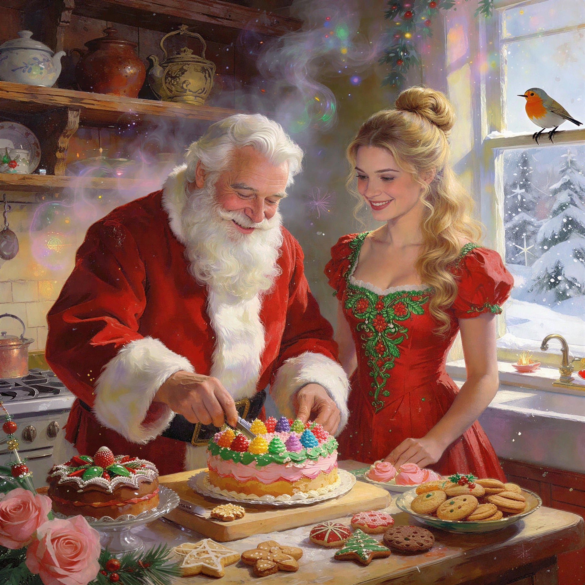 Santa Claus and Woman in Rustic Christmas Kitchen