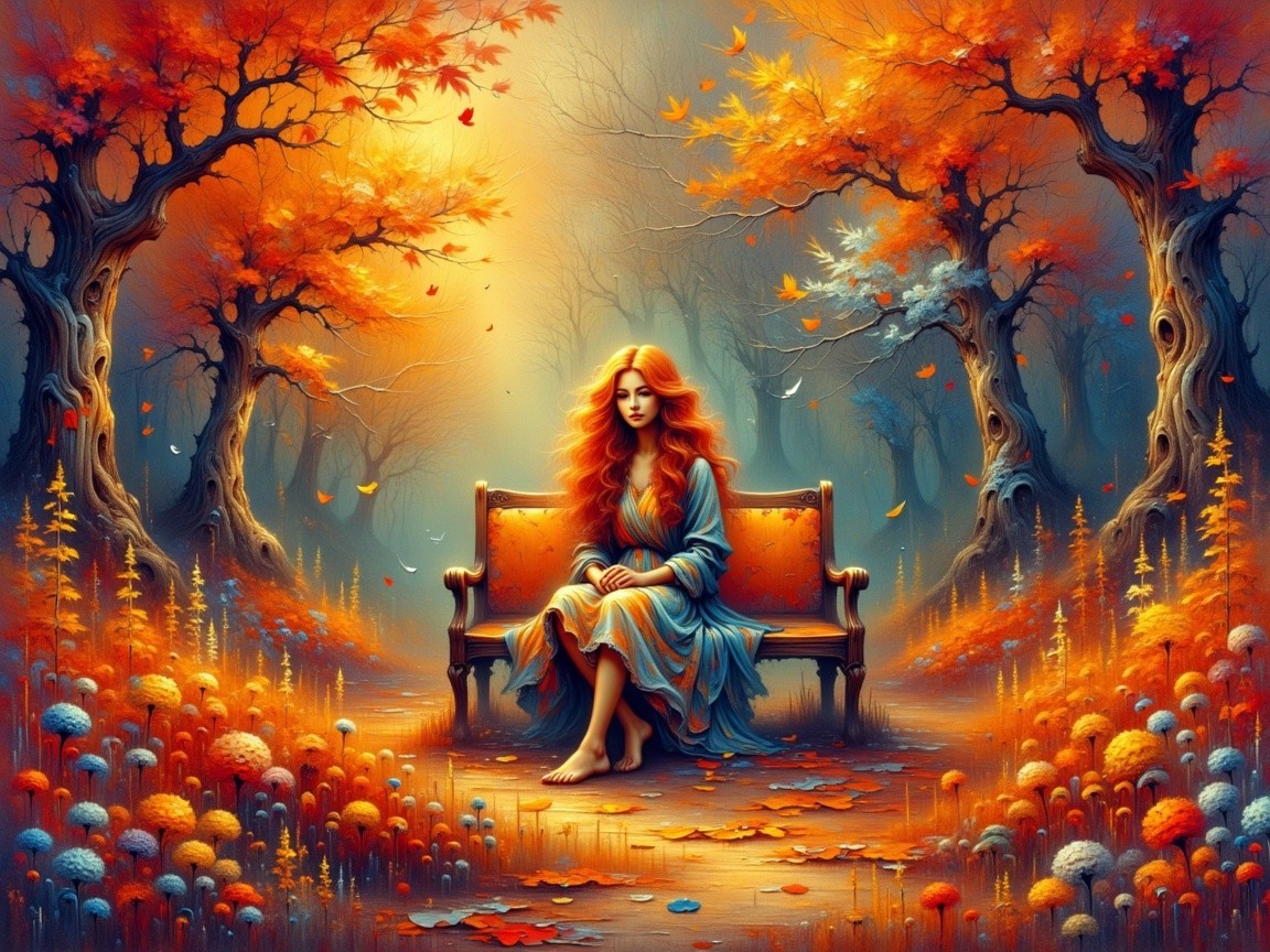 Autumn Landscape with Young Woman in Vibrant Foliage