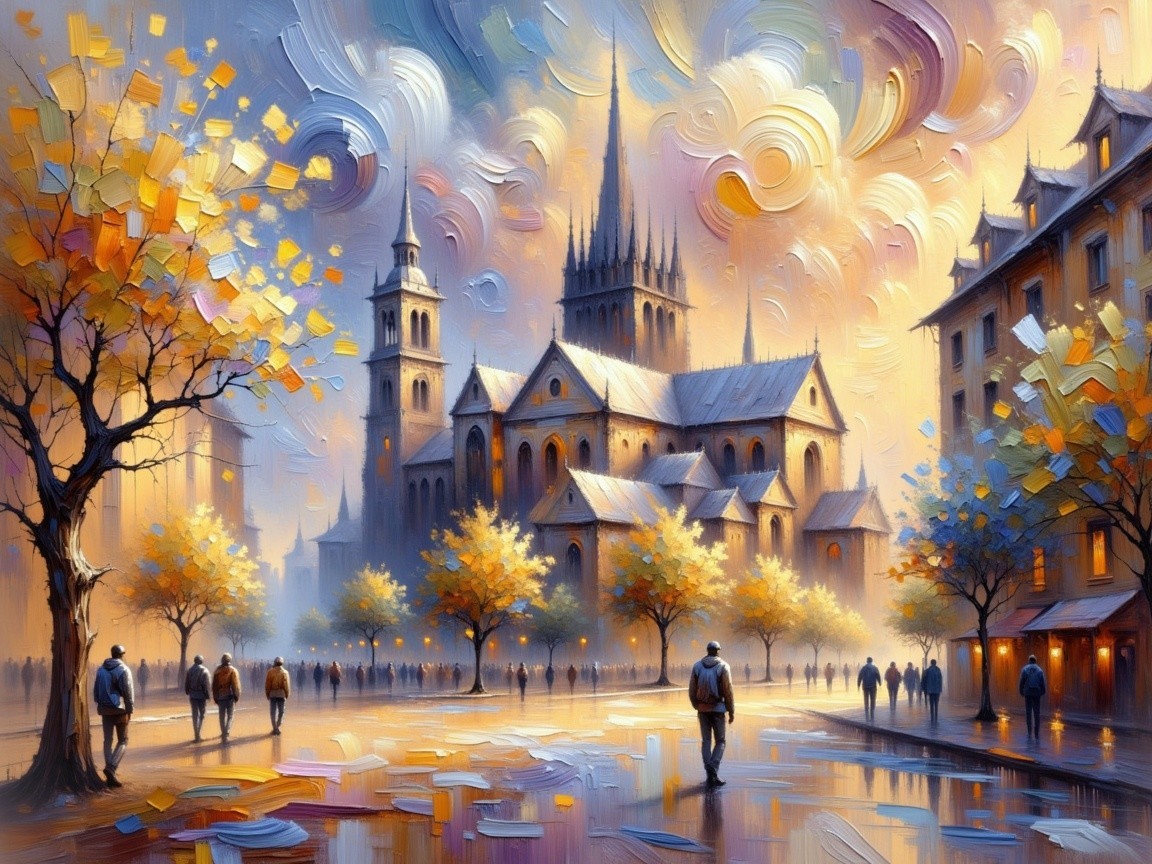 Impressionistic Autumn Scene with Cathedral and Trees