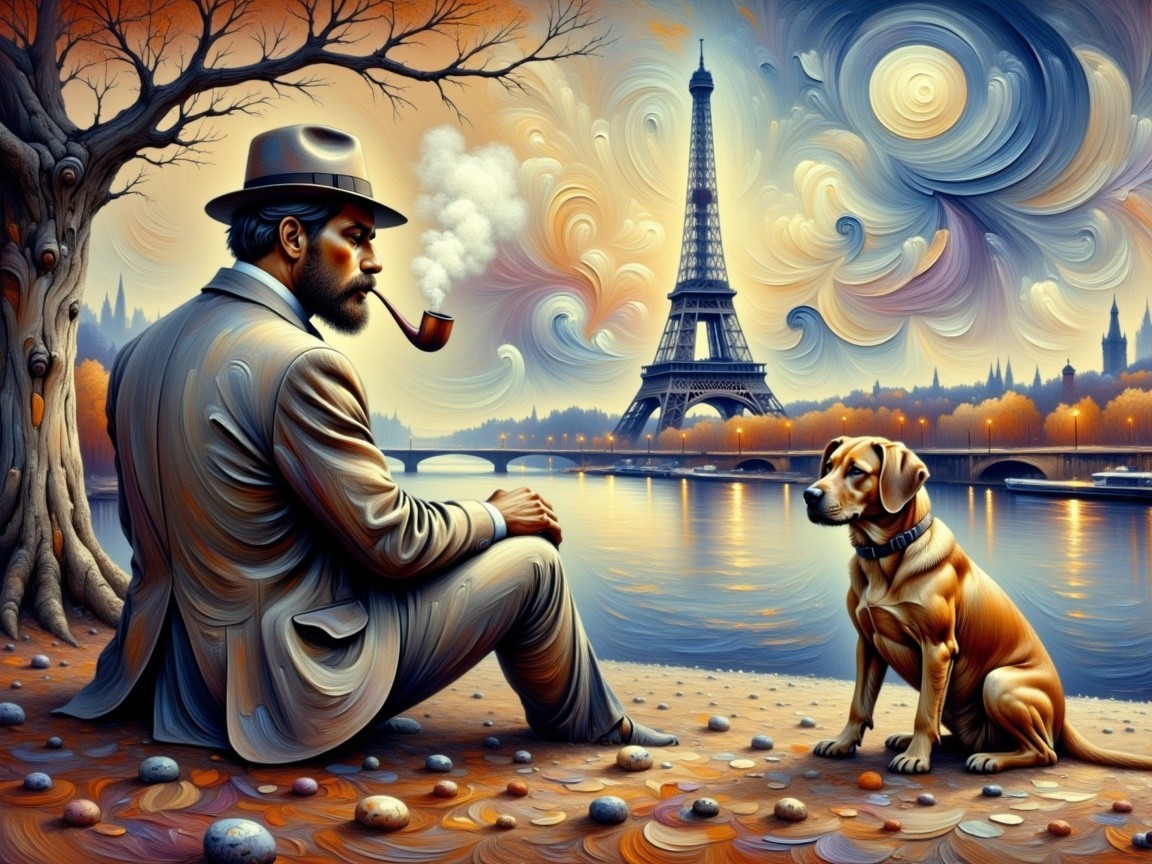 Man in Suit by Riverbank with Dog and Eiffel Tower