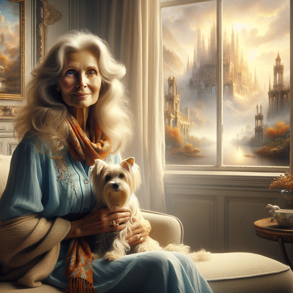 Elderly Woman with Dog in Dreamlike Landscape Setting