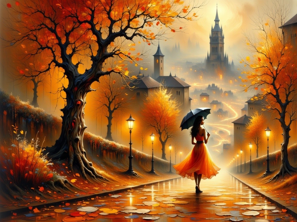 Autumn Scene with Woman in Orange Dress and Castle