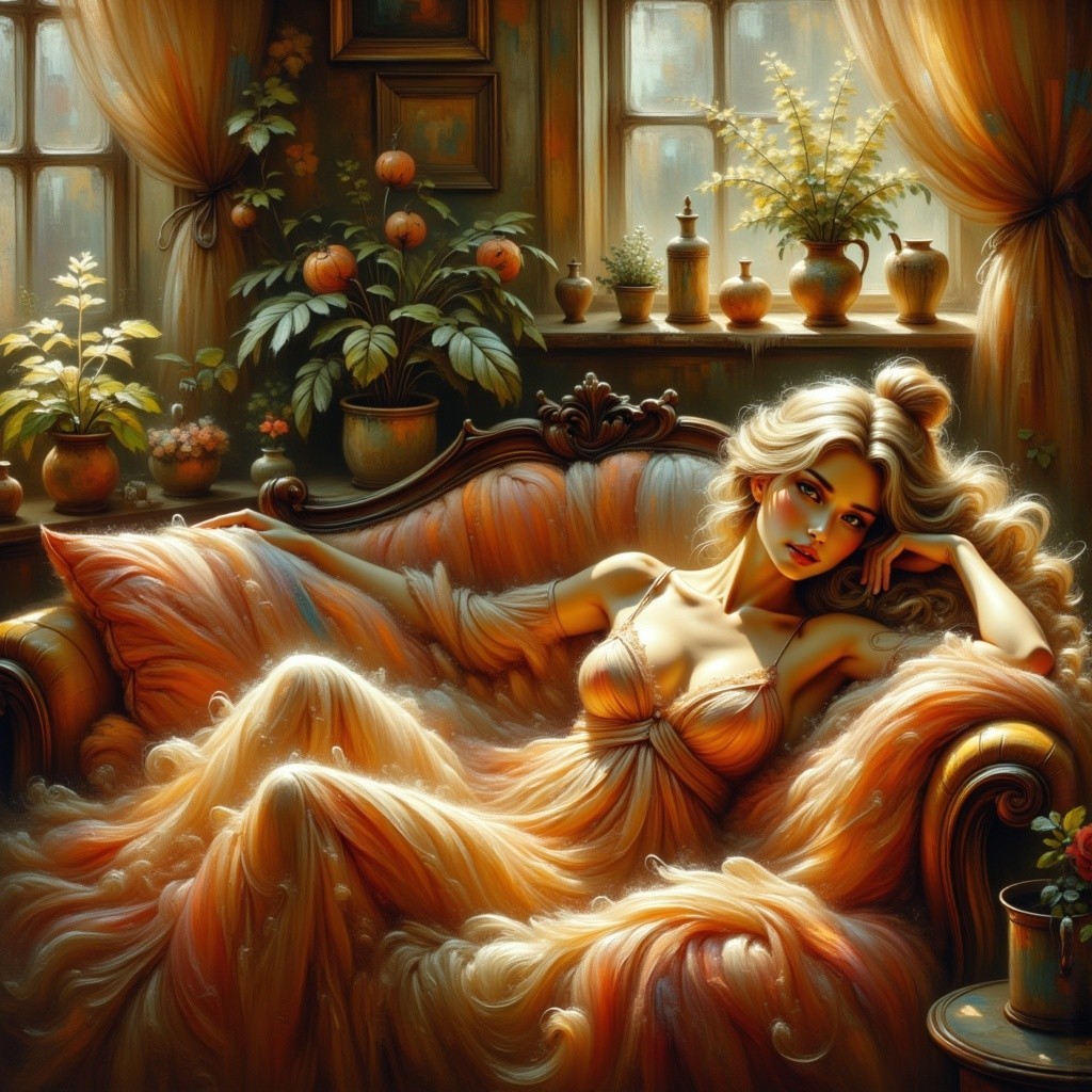 A woman in a peach slip dress lounges on an orange sofa