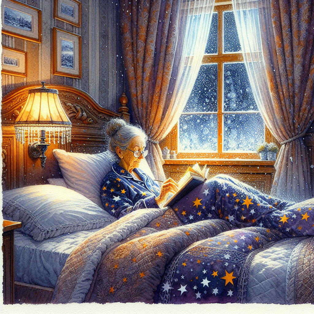 Elderly Woman Reading in Cozy Bedroom Setting