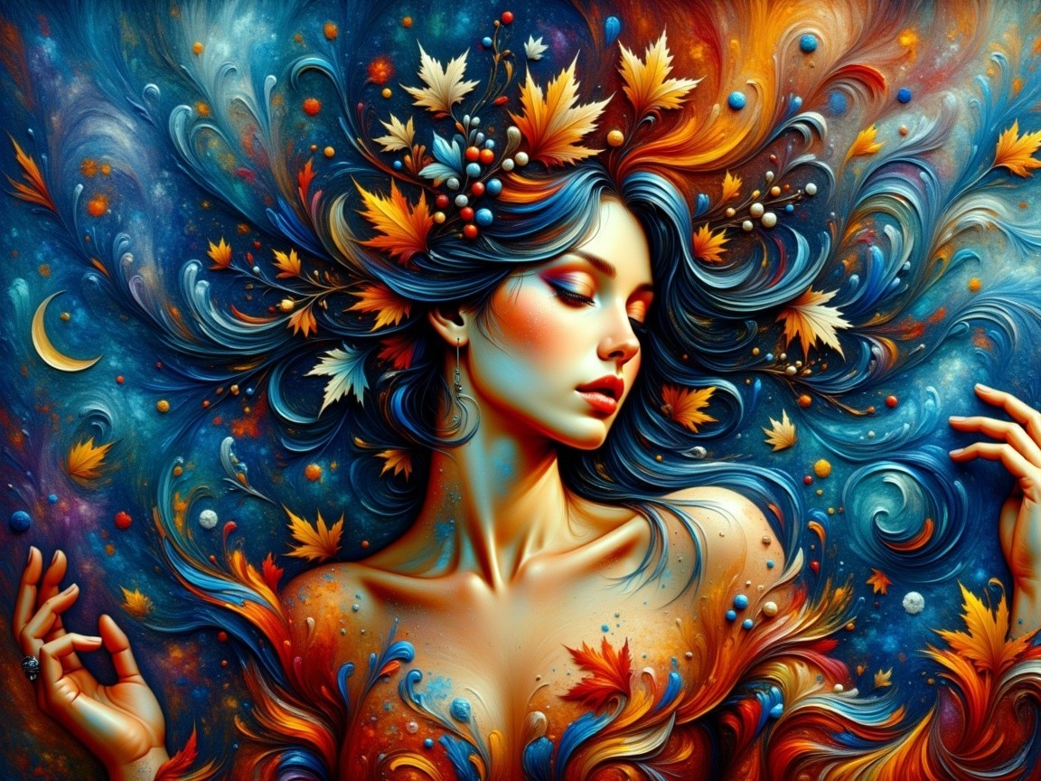 Ethereal Woman with Autumn Colors in Galaxy Background