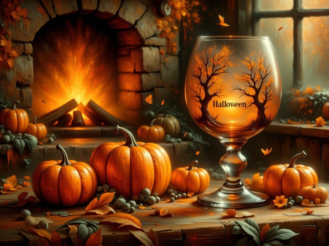 Cozy Autumn Scene with Halloween-Themed Glass and Pumpkins
