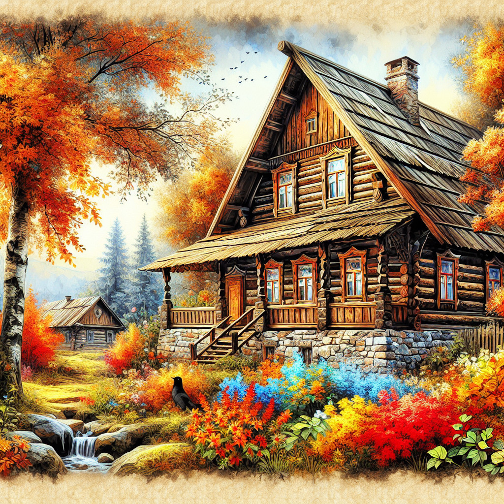 Wooden cabin in autumn foliage with flowing stream