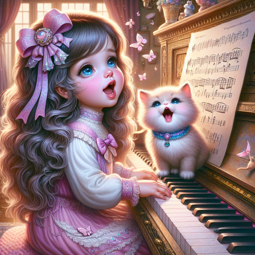 Young girl singing at piano with kitten and butterflies