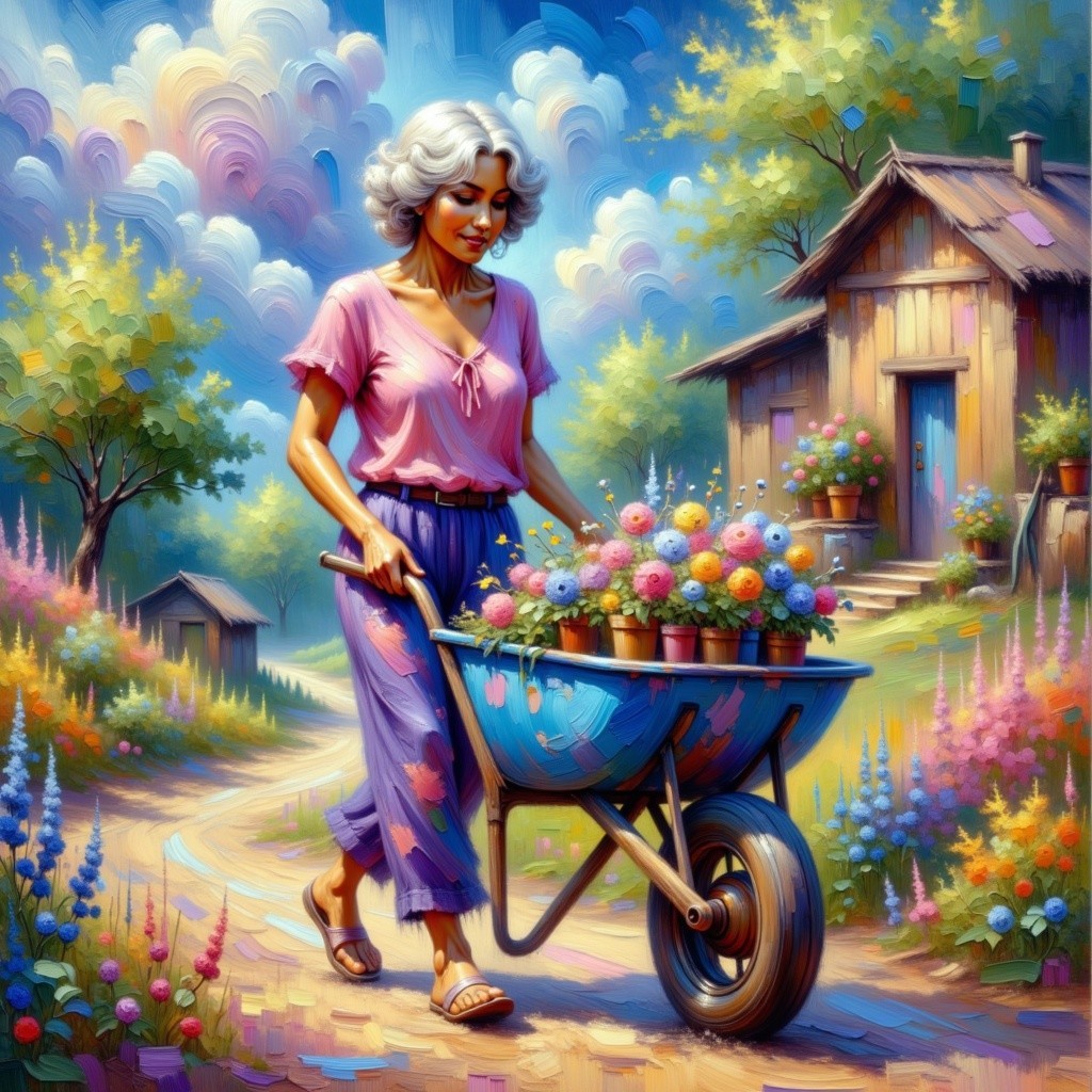 Serene Countryside Scene with Woman and Flower Pots