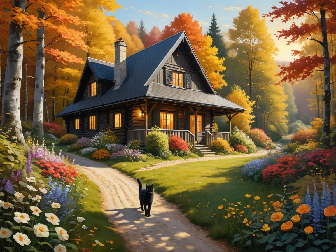 Charming Cabin in Vibrant Autumn Foliage Setting