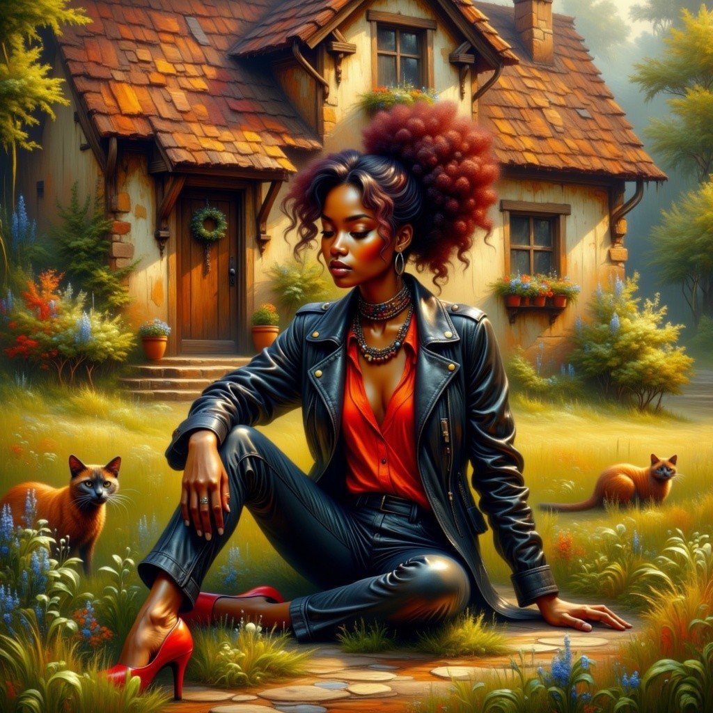 Fashionable Woman in Leather Jacket with Foxes