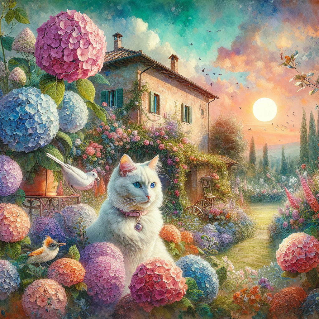 Vibrant Hydrangeas Surrounding Idyllic Cottage Scene