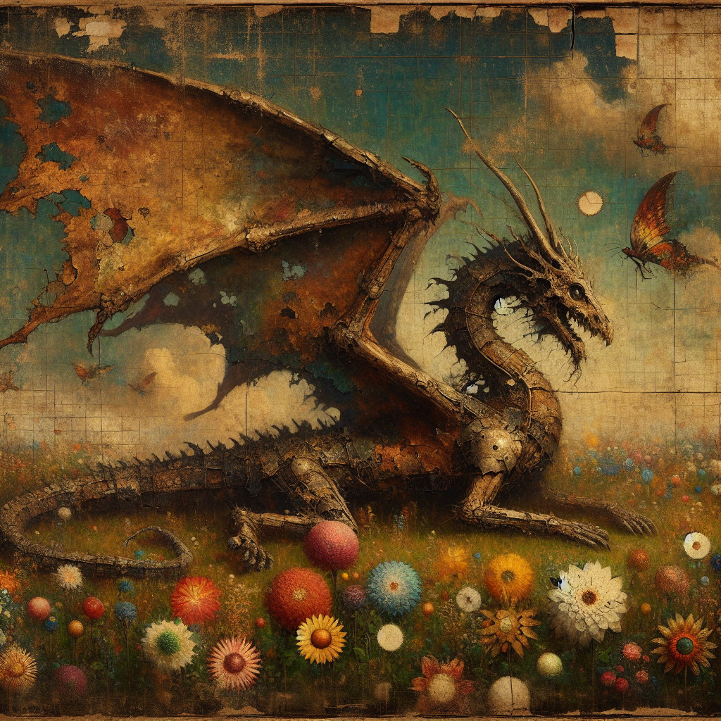 Rusty Metal Dragon Amidst Colorful Flowers and Clouds