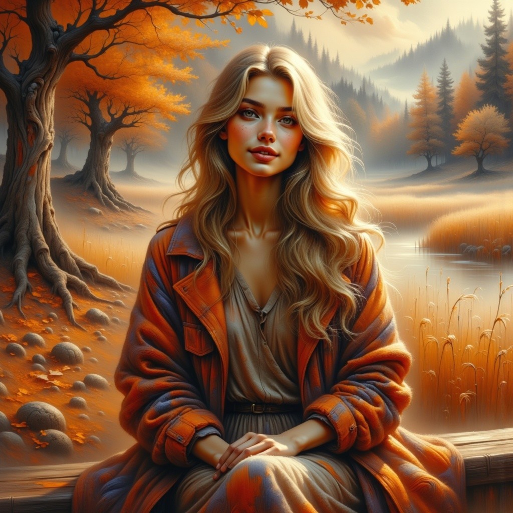 Autumn Scene with Woman by Tranquil Lake and Foliage