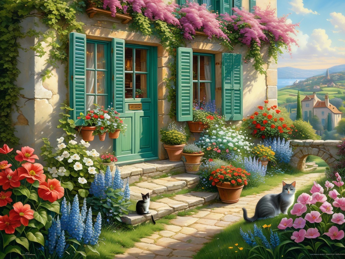 Countryside Scene with Stone Cottage and Cats