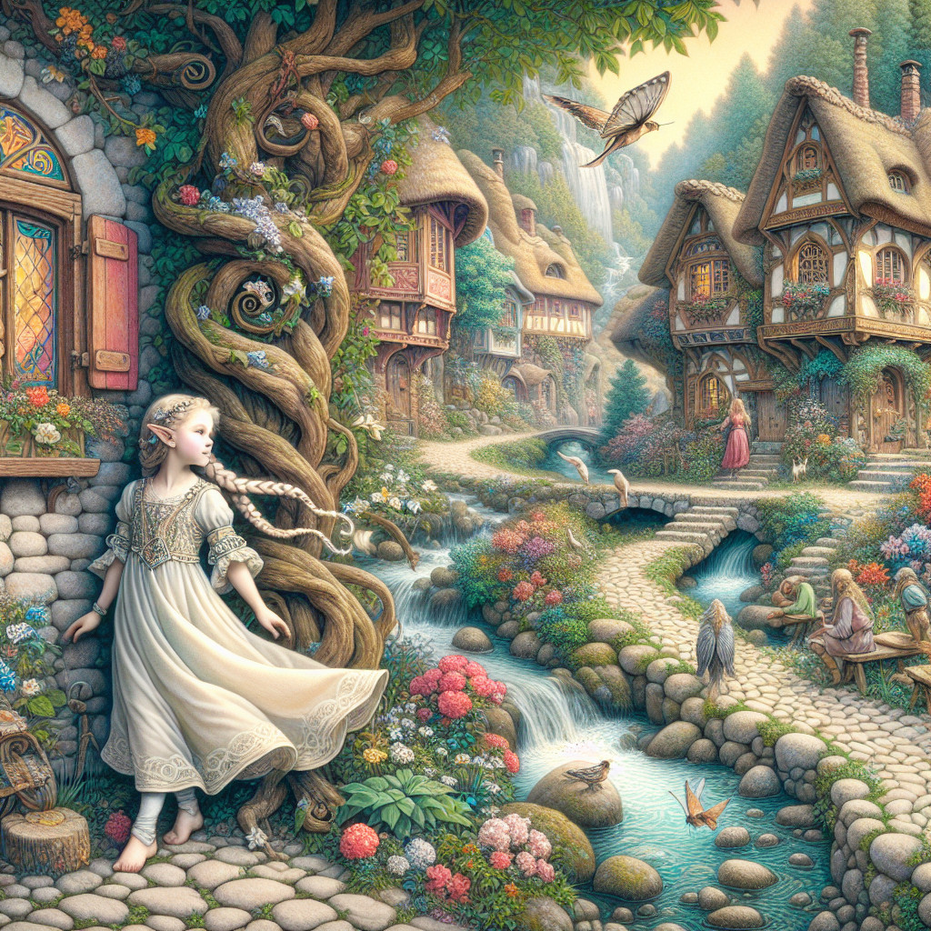 Whimsical Village Scene with Cottages and Flowers