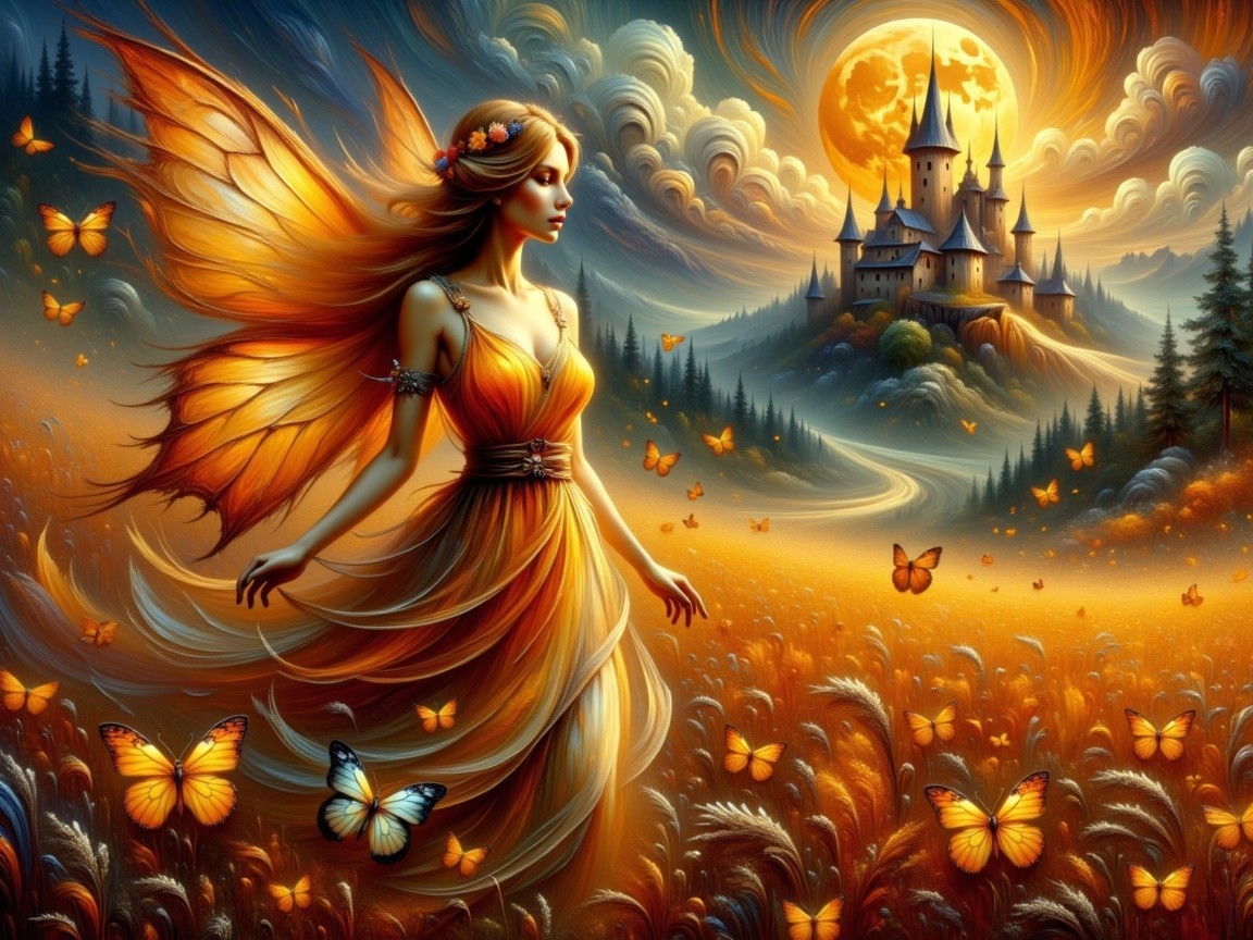Fairy with Orange Wings Dances in Enchanted Landscape