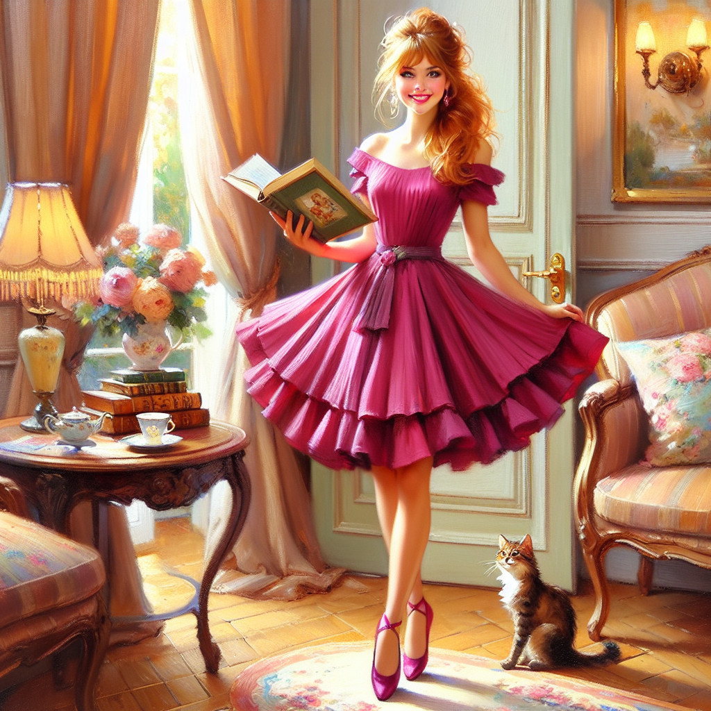 Young woman in pink dress in cozy decorated room