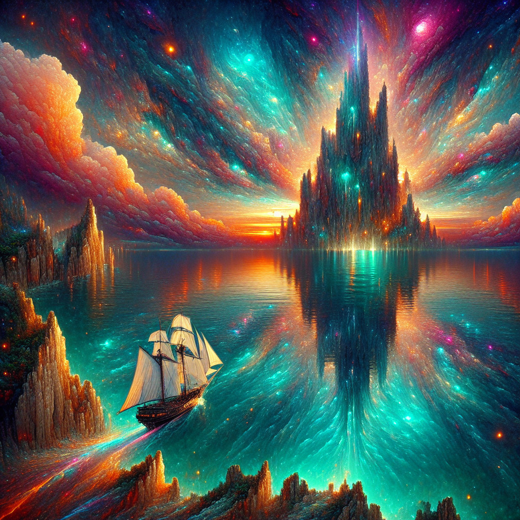 Majestic Ship on Tranquil Sea with Crystal Castle