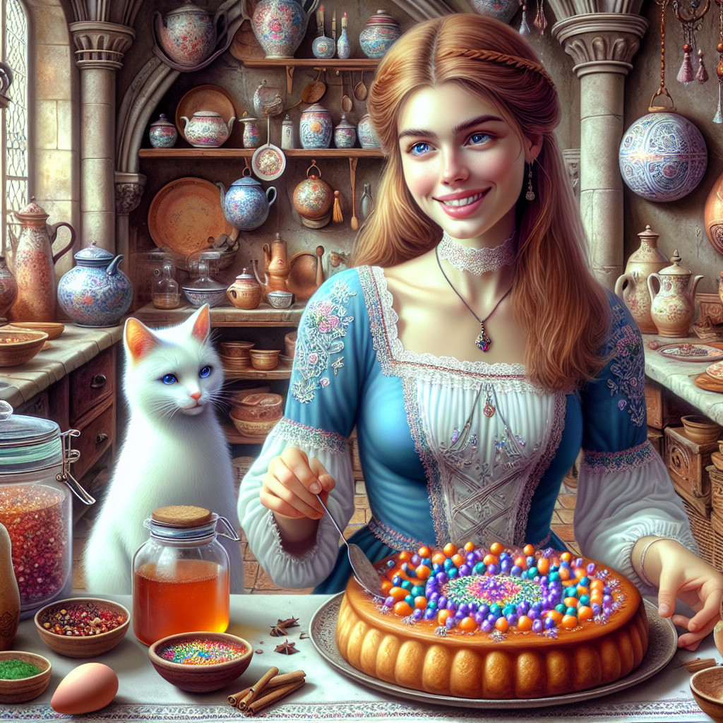 Rustic kitchen scene with a woman decorating a tart