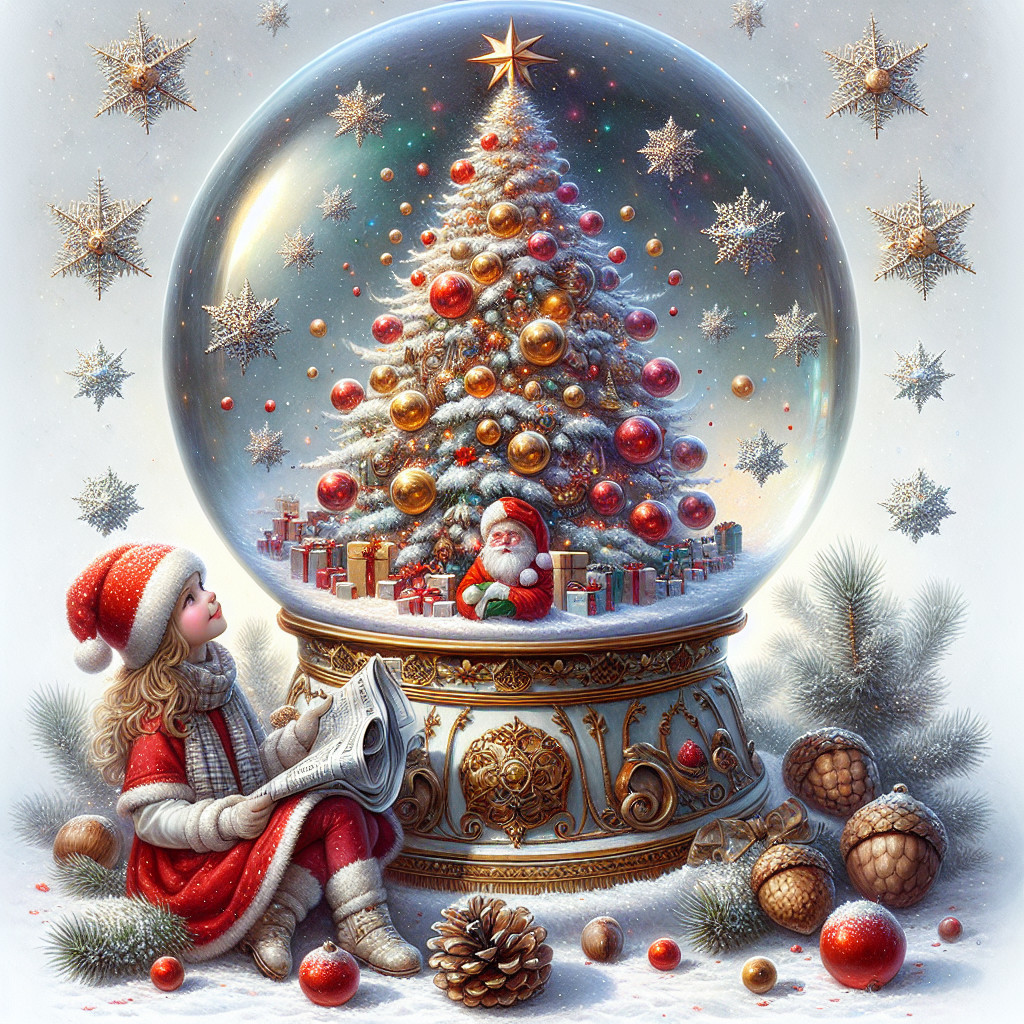 Whimsical Holiday Scene with Snow Globe and Girl