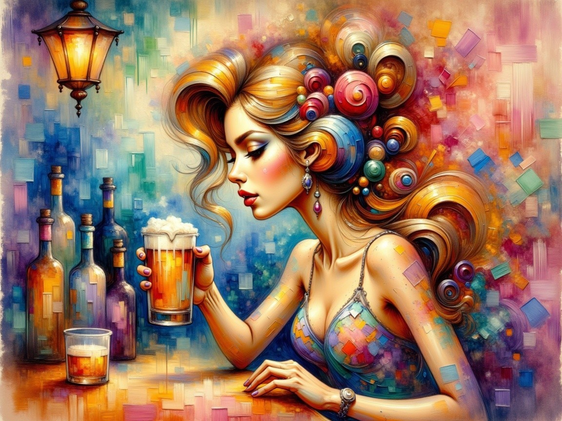 Vibrant Portrait of Woman at Bar with Beer