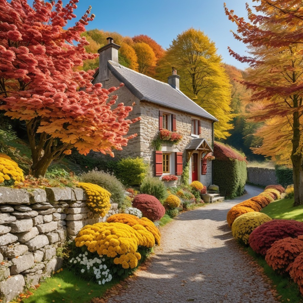 Stone Cottage in Vibrant Autumn Landscape with Flowers