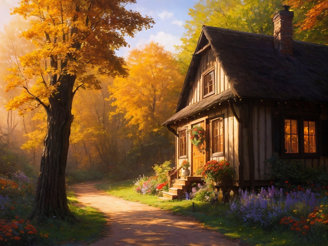 Wooden Cottage Surrounded by Autumn Foliage