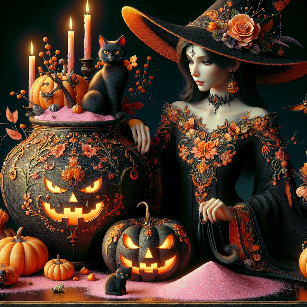 Mystical Witch with Cauldron and Halloween Decor