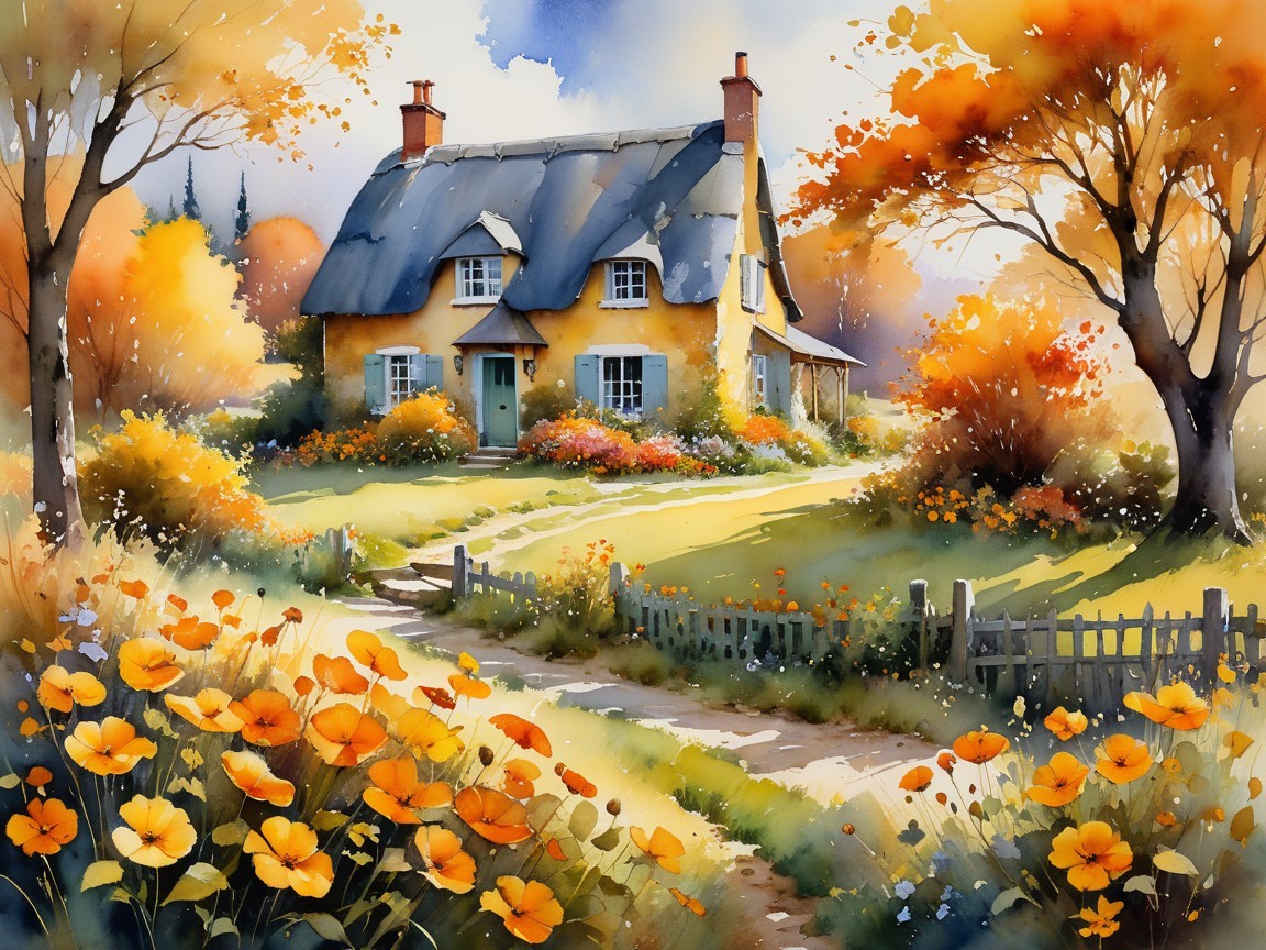 Charming Cottage in Vibrant Autumn Landscape