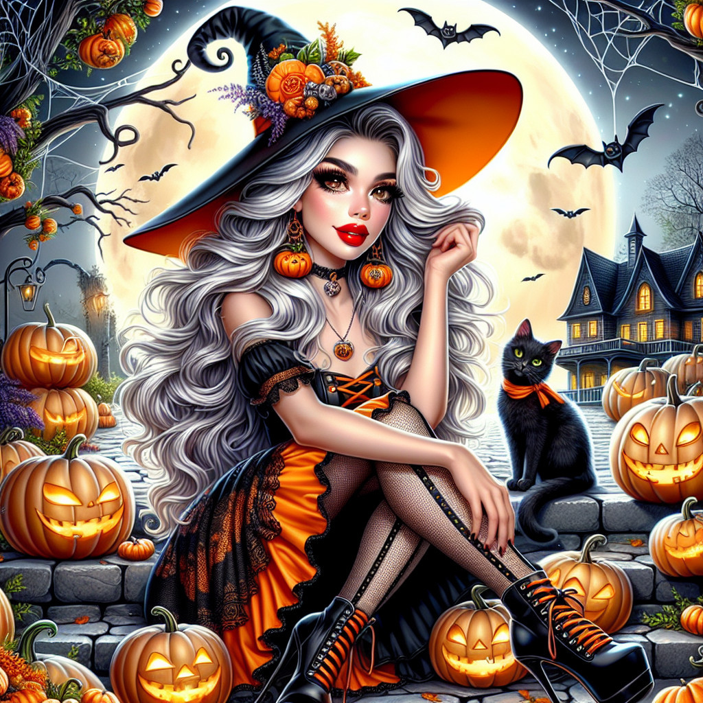 Mystical Witch in Pumpkin Patch at Night