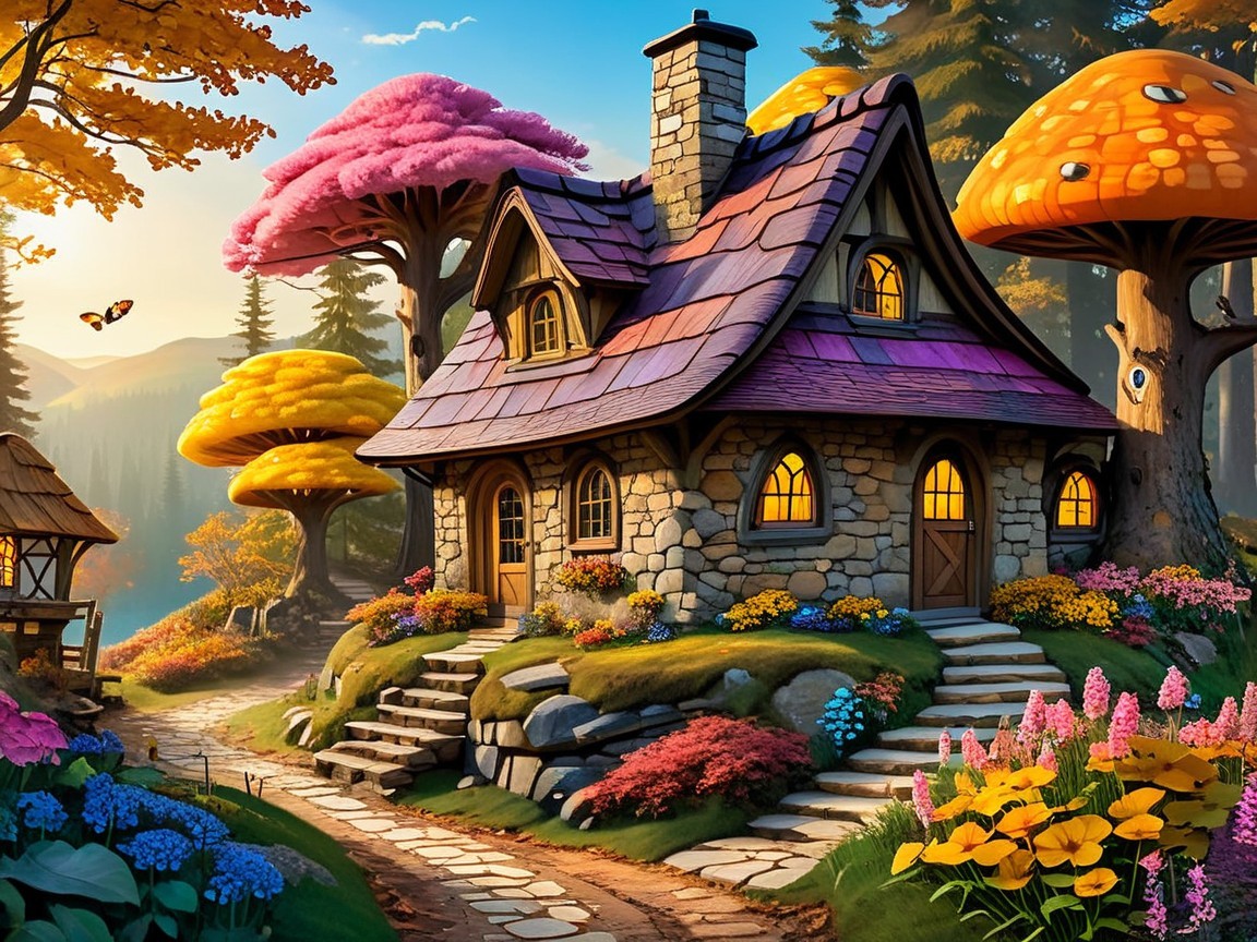 Whimsical Cottage in a Colorful Landscape at Sunset