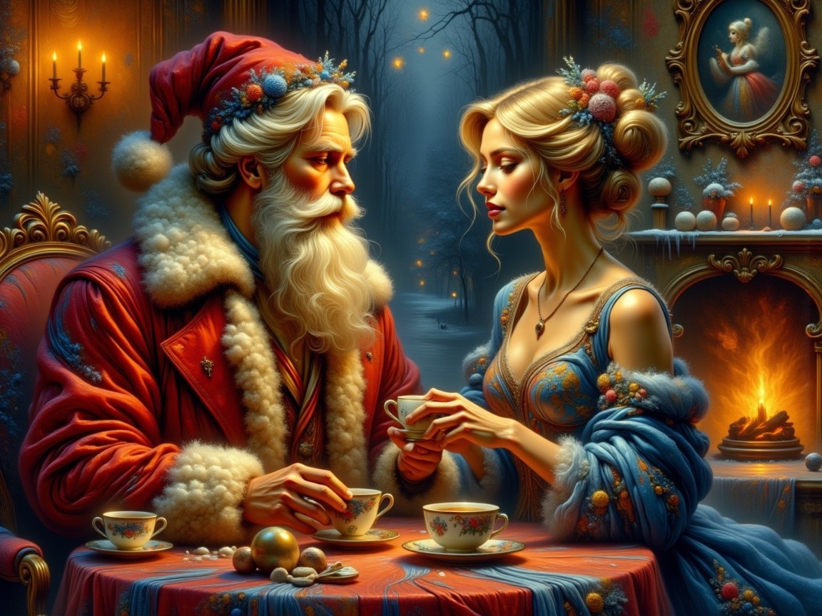 Romantic Winter Scene with Santa Claus and Woman