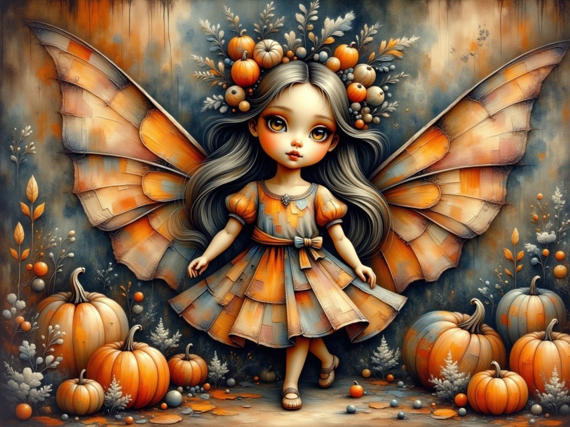 Whimsical Fairy Girl in Colorful Autumn Harvest Scene