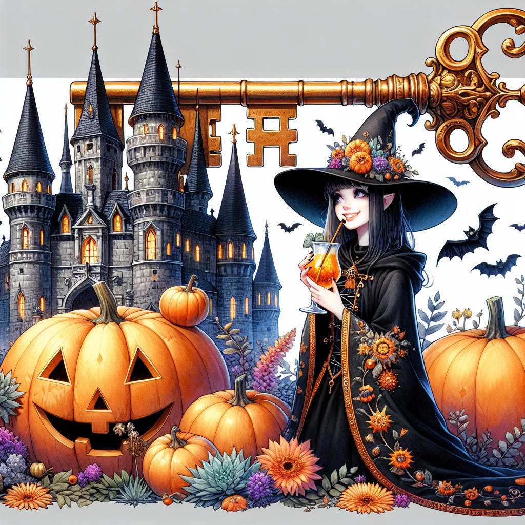 Whimsical Halloween Scene with Young Witch and Castle