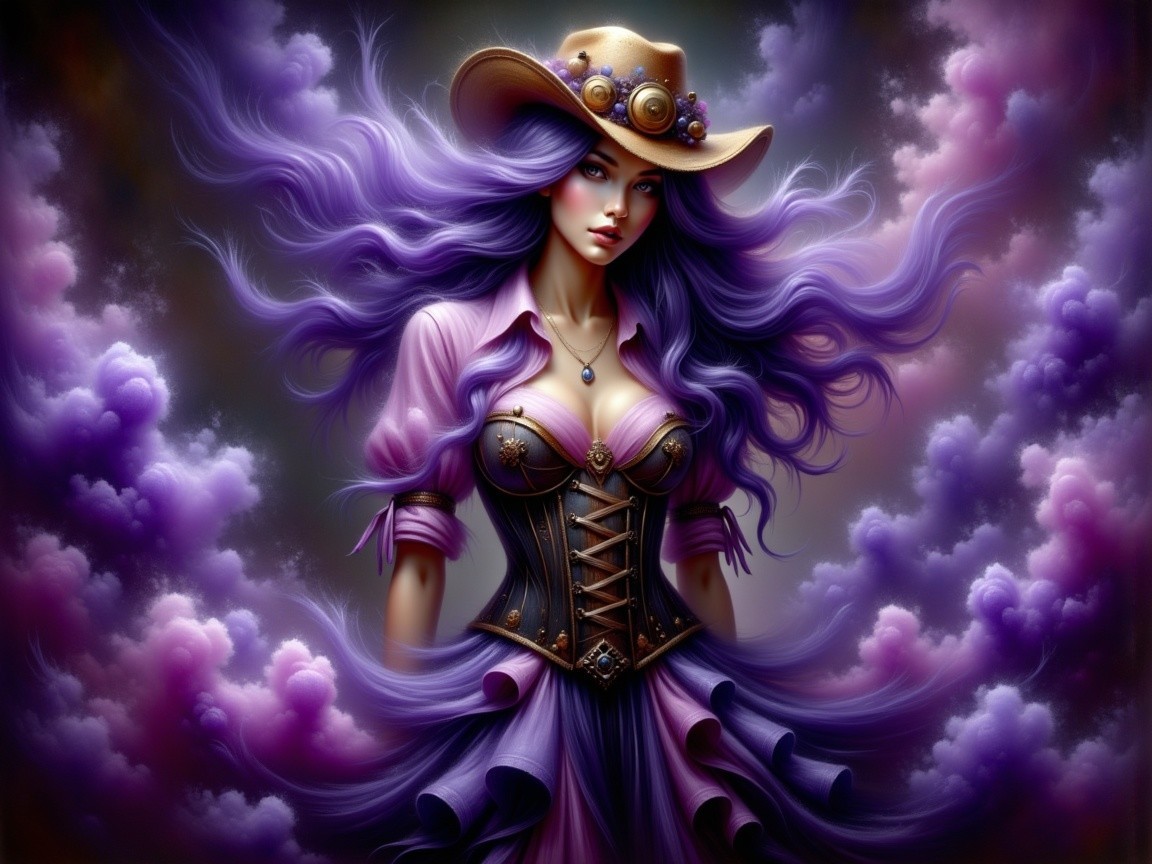 Fantasy Character with Purple Hair and Stylish Outfit